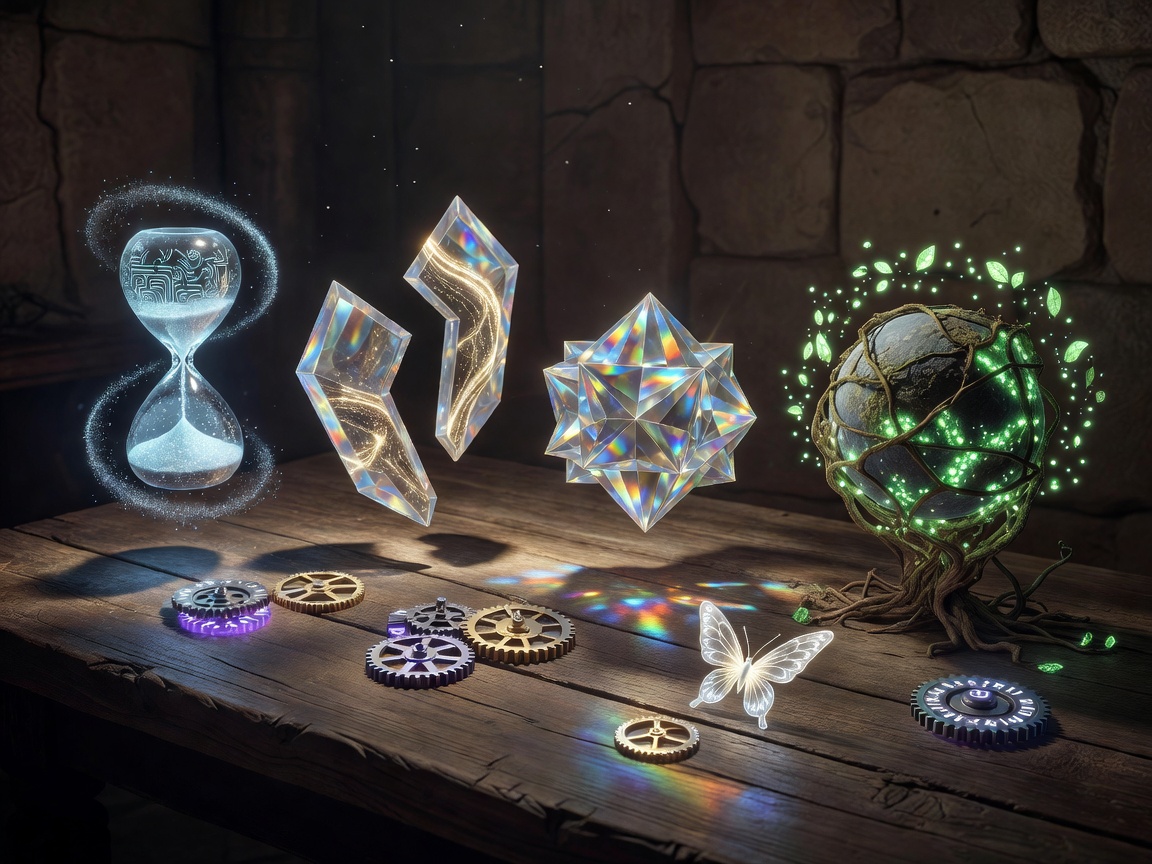 Glowing magical artifacts representing daily virtual challenges